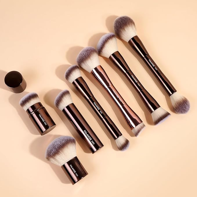 MAANGE 7pcs Makeup Brush Set Double Sided Kabuki Makeup Brushes Contour Brush for Foundation Liquid Powder Concealer Cream Cosmetics Bronzer Blending Blush Buffing Makeup Tools (Coffee)-FemmiqueWomen
