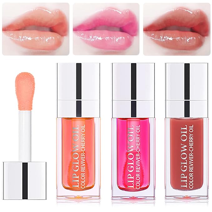 3 Set Lip Oil Hydrating Tinted Lip Balm, Plump Lip Gloss Lip Care Transparent Toot Lip Oil Tinted, Glass Lip Glow Oil Fresh Texture & Non-sticky, Nourishing Repairing Lightening Lip Lines Lip Care Products-FemmiqueWomen