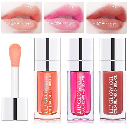 3 Set Lip Oil Hydrating Tinted Lip Balm, Plump Lip Gloss Lip Care Transparent Toot Lip Oil Tinted, Glass Lip Glow Oil Fresh Texture & Non-sticky, Nourishing Repairing Lightening Lip Lines Lip Care Products-FemmiqueWomen