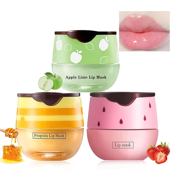 3 Pcs Bee Lip Balm Honey Pot,Honey Strawberry Lime Lip Mask,Lip Balm Moisturizing Lip Sleep Mask with Stick Hydrating & Prevention Dry and Cracked (Honey Strawberry Lime)-FemmiqueWomen