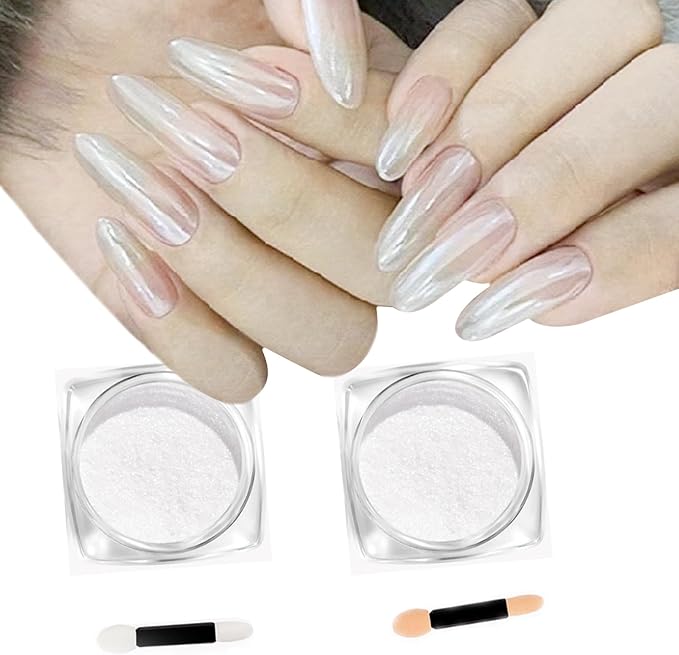 2Pcs Pearl Chrome Nail Powder - Ice Transparent Aurora, White Chameleon Iridescent Pigment for Nails - High Gloss Pearlescent Glitter (2pc White)-FemmiqueWomen