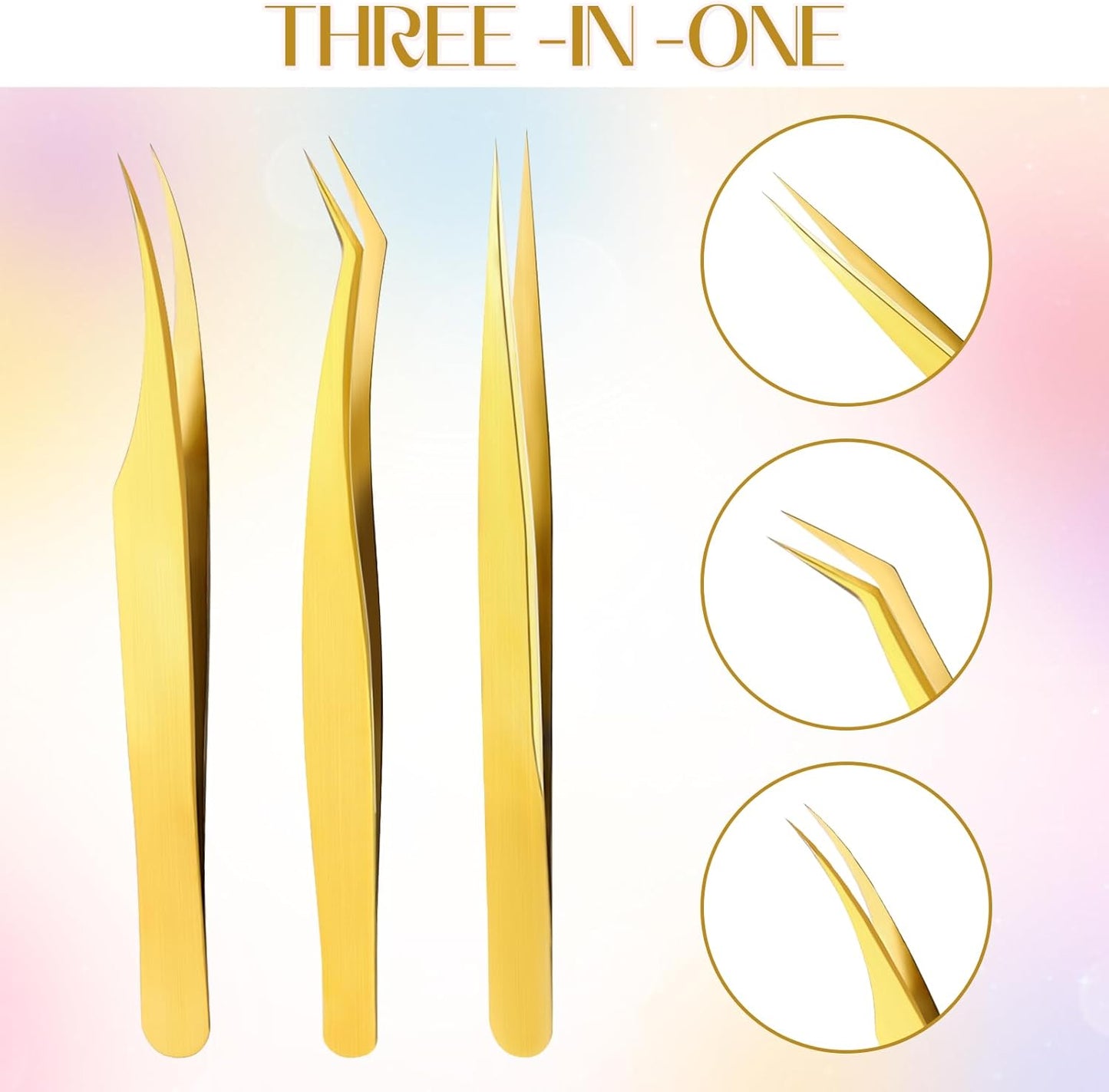 3 PCS Lash Tweezers for Eyelash Extensions, High Precision Gold Metal Tweezers Set Fiber Tip and Curved Isolation Tweezers Eyelash Extension Tools for Women Volume Lash, Crafting, Jewelry Making-FemmiqueWomen