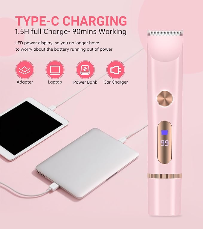 2 in 1 Bikini Trimmer for Women, Dual Head Electric Shaver with LED Display for Body Pubic Hair, IPX7 Waterproof Rechargeable Womens Electric Razor for Armpit Leg Body Facial-FemmiqueWomen