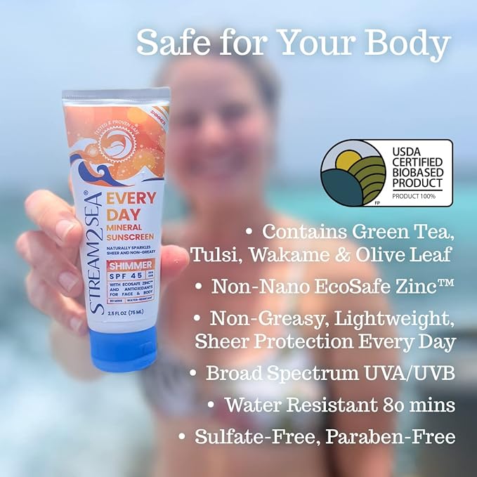 SPF 45 Every Day Shimmer Mineral Sunscreen | 2.5 Fl Oz Biodegradable, Paraben Free & Reef Safe Sunscreen | Non-Greasy, Lightweight & Shimmer Mineral Protection Against UVA & UVB for Face & Body-FemmiqueWomen