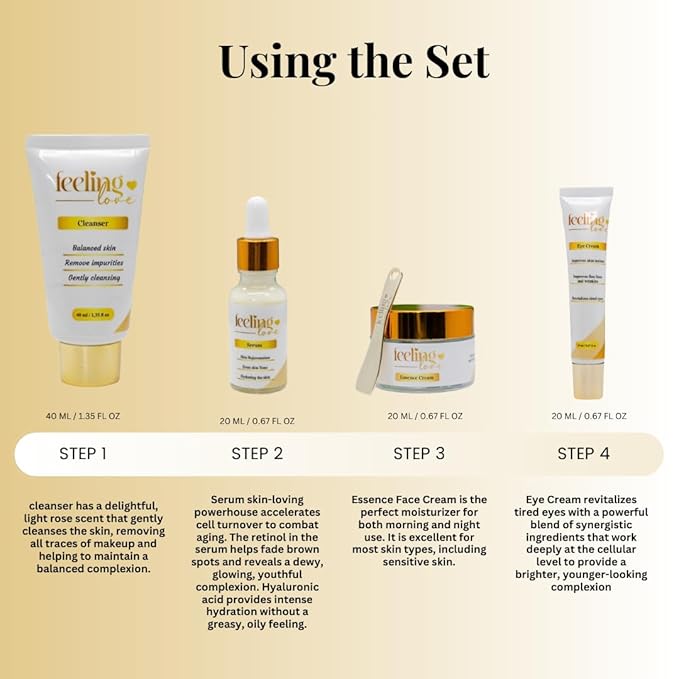 Introducing our exclusive Skincare Set: Cleanser, Serum, Essence Cream, and Eye Cream - Experience the Ultimate 4-Step Natural Beauty Routine for Achieving Radiant, Glowing Skin.-FemmiqueWomen