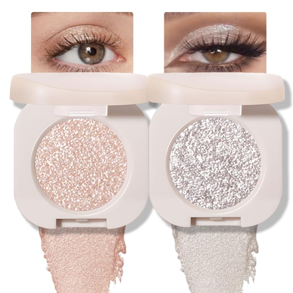 2Pcs Glitter Shimmer Sparkle Eyeshadow Palette Makeup for Green Blue Eyes, Light Brown&Sliver Glitter Shimmer eyeshadow Palette, Cream Iridescent Single Monochrome Eye Shadow Makeup-FemmiqueWomen