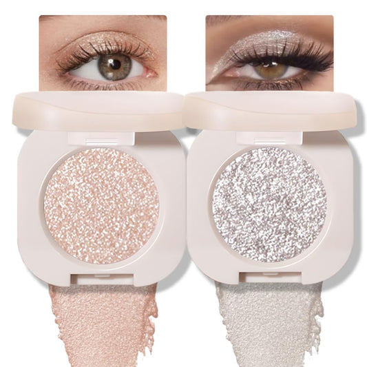 2Pcs Glitter Shimmer Sparkle Eyeshadow Palette Makeup for Green Blue Eyes, Light Brown&Sliver Glitter Shimmer eyeshadow Palette, Cream Iridescent Single Monochrome Eye Shadow Makeup-FemmiqueWomen