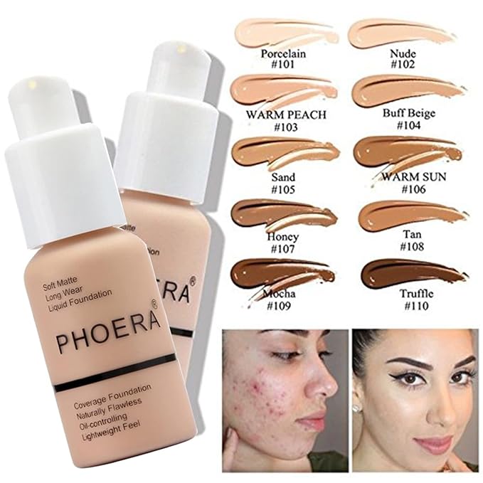 2 Pack PHOERA Foundation Sand 105 and Face Primer, Liquid Full Coverage Foundation Set, Foundation Brush Powder Brush,5 Makeup Sponge, 24HR Matte Oil Control Concealer (2pcs 105 Sand)-FemmiqueWomen