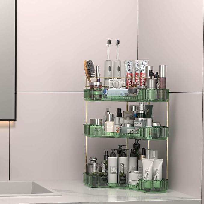 3 Tier Corner Bathroom Organizer Countertop, Vanity Makeup Organizer with Brush Holder, Space-Saving Skincare Storage Corner Shelf for Bathroom, Dressing Table, Kitchen-FemmiqueWomen