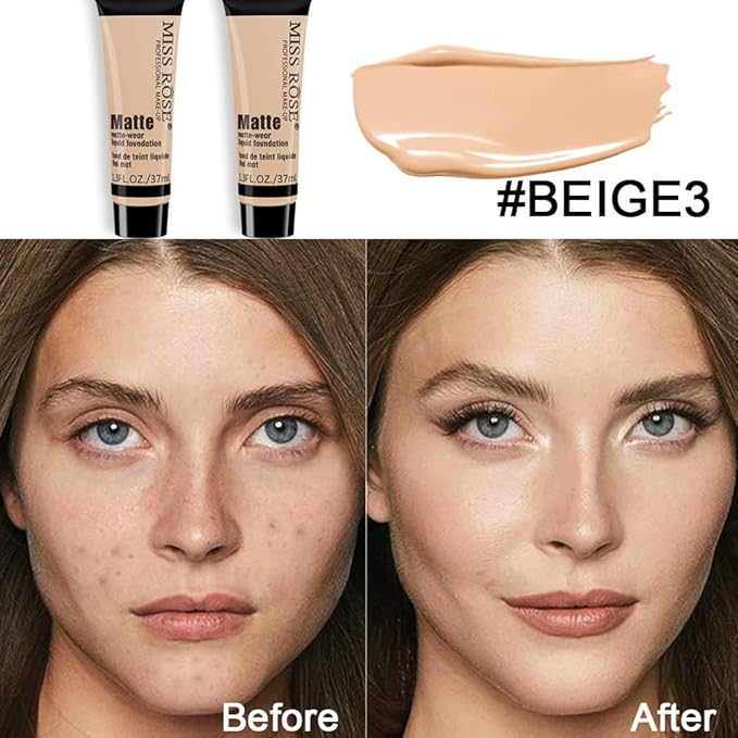 2 Pack Liquid Foundation Cream for Face Makeup,Durable Full Coverage Matte Concealer Make Up,Oil Control & Waterproof Base Primer -1+1 Fl.Oz (BEIGE 3#)-FemmiqueWomen