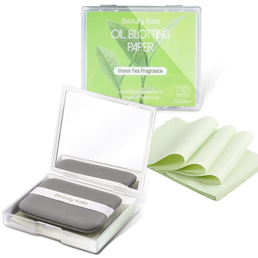 2 Pack Oil Blotting Sheets for Face, Oil Blotting Paper Green Tea Total 100 sheets with Portable Mirror Case & Makeup Puff Makeup Friendly-FemmiqueWomen