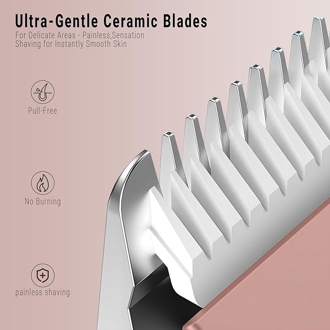 2-in-1 Bikini Trimmer for Women, Bikini Shaver with Dual Heads, Painless Body and Facial Hair Removal, Rechargeable Cordless Electric Razors for Face Chin Pubic Underarm Legs, IPX7 Waterproof, Pink-FemmiqueWomen