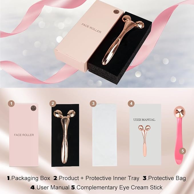 3D Face Roller Metal Facial Massager Face Sculpting Gua Sha Massage Tool for Eye Skin Care Reducing Puffiness Anti-Wrinkle for Women Girl Gift Set(Rose Gold)-FemmiqueWomen