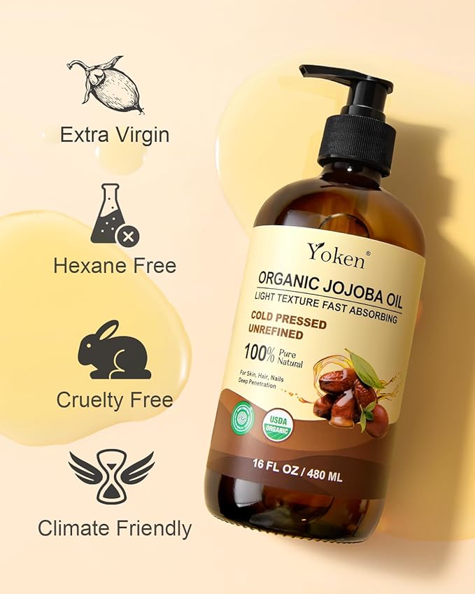 Yoken Organic Jojoba Oil Glass Bottle 16 fl oz, USDA Certified 100% Pure & Natural Jojoba Oil for Hair, Skin & Face, Cold Pressed Unrefined Hexane Free, Deeply Moisturizing Body Serum for Gua Sha-FemmiqueWomen