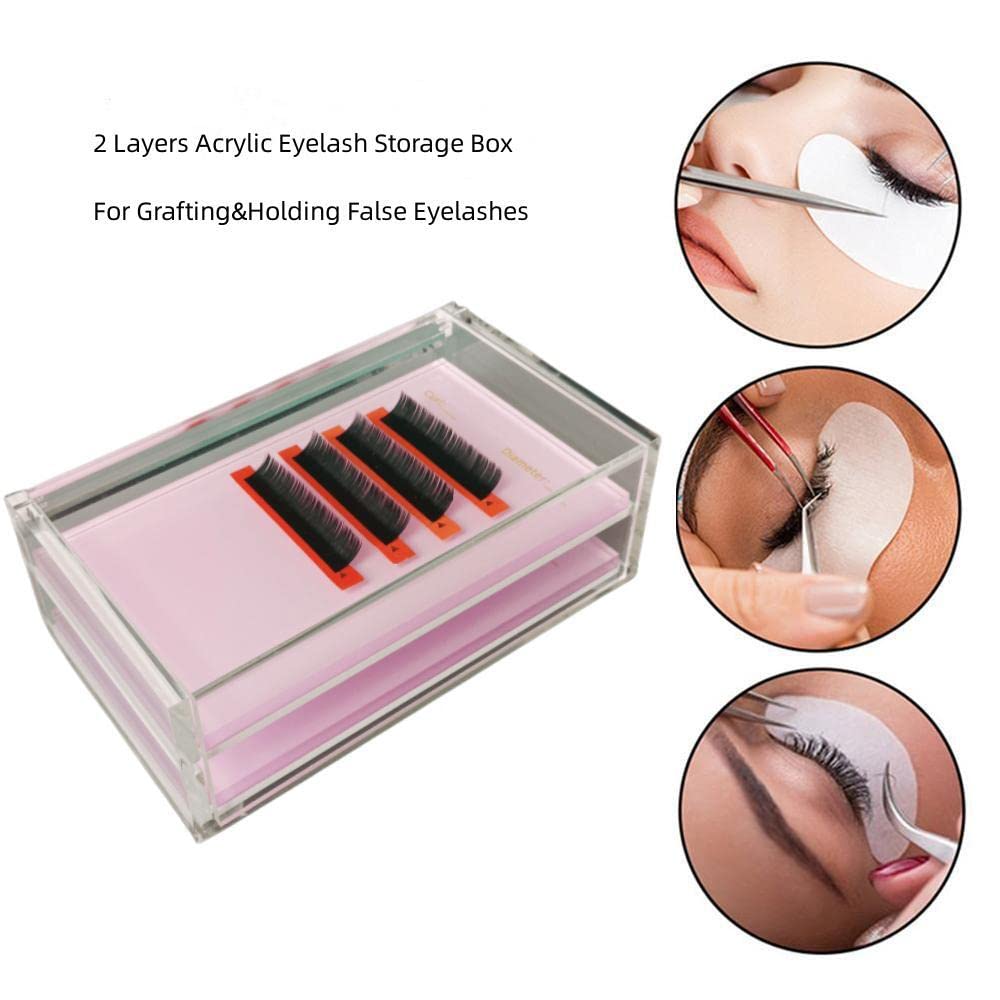 Two Layers Eyelash Grafting Pallet with Cover, Dust-proof Acrylic Lash Tile holder, Eyelash Extensions Storage Gasket Pads 2 Tiers for Beginners Beauty Artist Salon (Pink)-FemmiqueWomen