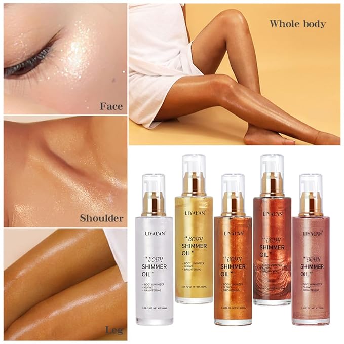 Liyalan Shimmer Body Oil Rose Gold 5 Color Bronze Face Glow Pearl Highlighter Illuminator body Makeup Shine Glitter Gold Liquid Taning 3.38 Fl Oz-FemmiqueWomen