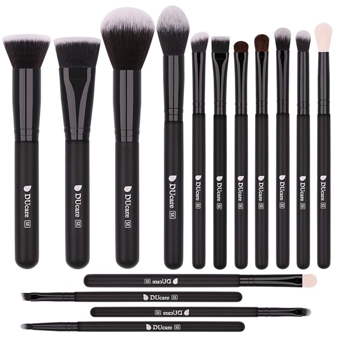 DUcare Makeup Brushes 15Pcs Premium Synthetic Kabuki Makeup Brush Set, Professional Foundation Concealers Powder Blush Blending Face Eye Shadows Black Brush Sets-FemmiqueWomen