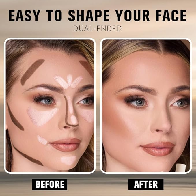 2Pcs 2in1 Cream Contour Highlighter Stick, Dual-Ended Highlighter Makeup Contour Stick, Contour Stick Dual Ended For Face Body Makeup,Long Lasting Waterproof for All Skin Tones (01+03)-FemmiqueWomen