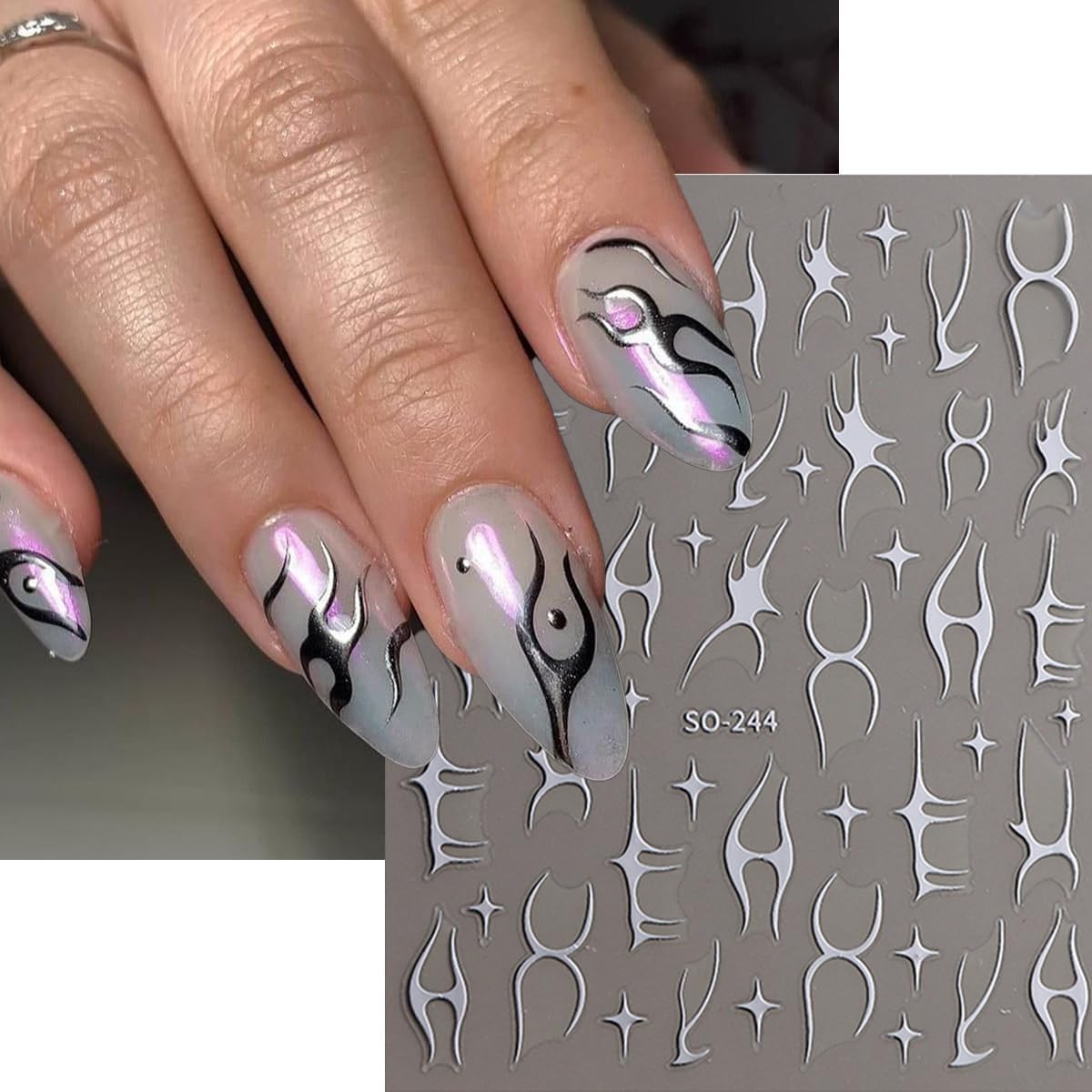 3D Nail Stickers Geometric Nail Art Stickers Fishbone Line Nail Decals Red Gold Black Silver White Irregular Line Mixed Star Design Gothic Nail Sticker for Nail Art Decor Manicure for Women 6Sheets-FemmiqueWomen