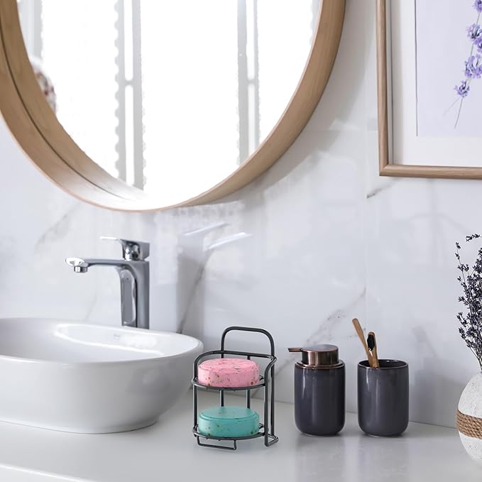 2-Tier Shower Soap Shampoo Bar Holder, Self Adhesive & Freestanding Draining Soap Dish Caddy for Bathroom Wall Accesories Decor Black-FemmiqueWomen
