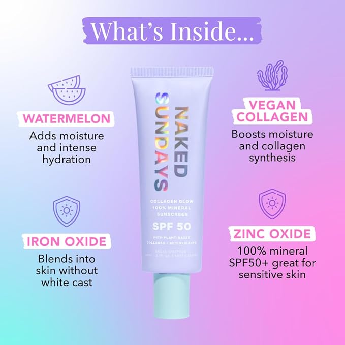 Naked Sundays SPF 50 Mineral Glow Sunscreen, Daily Hydrating Facial Moisturizer & Primer with Zinc Oxide, Sheer Tint, Broad Spectrum SPF Lotion (Jumbo 80ml)-FemmiqueWomen