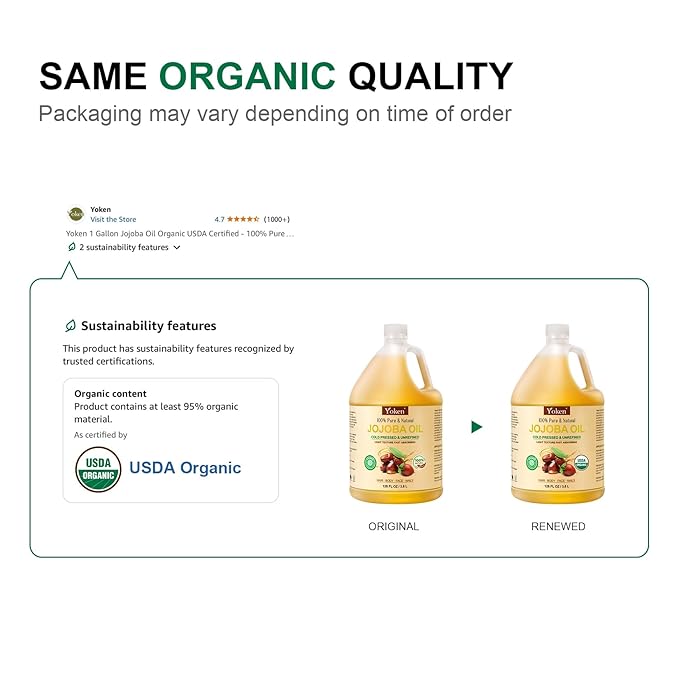 Yoken 1 Gallon Jojoba Oil EWG Verified - 100% Pure Jojoba Oils Bulk Cold Pressed Unrefined Hexane Free Virgin Golden jojoba Carrier Oil for Hair Skin Massage DIY Natural Body Moisturizer-FemmiqueWomen