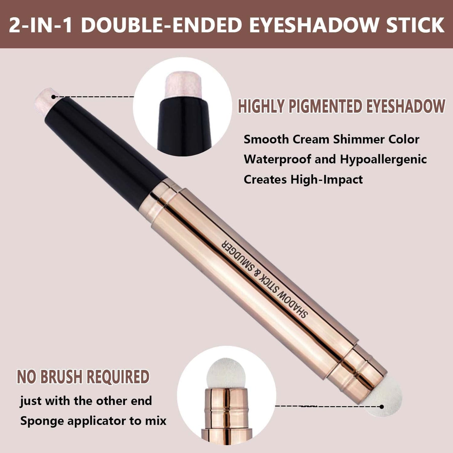 2 in 1 eyeshadow stick and Sponge Makeup Brush, Smooth Cream Shimmer Shadow Pencil Long Lasting Waterproof Eye Shadow Highlighter Stick Makeup , Hypoallergenic Highlighter Multi-Dimensional eyes Look-FemmiqueWomen