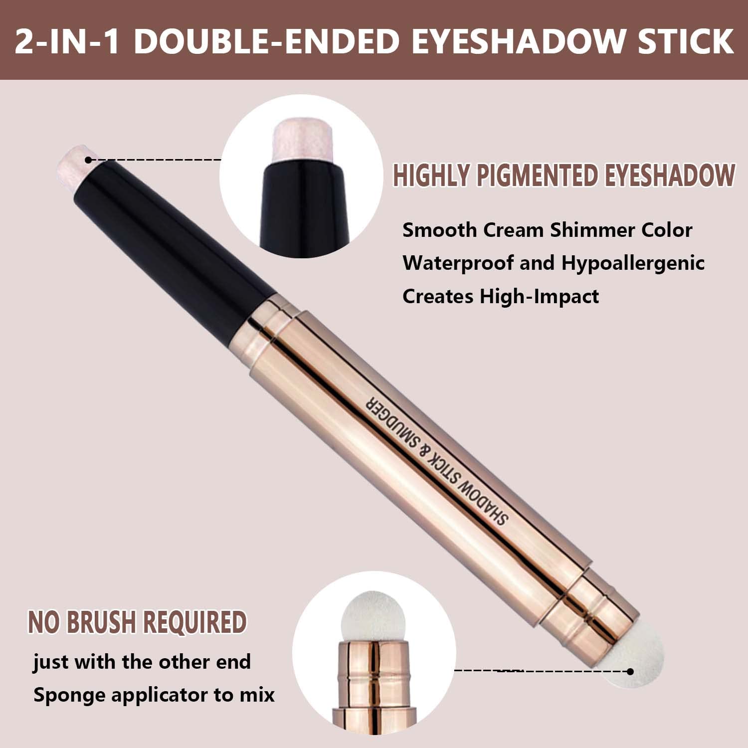 2 in 1 eyeshadow stick and Sponge Makeup Brush, Smooth Cream Shimmer Shadow Pencil Long Lasting Waterproof Eye Shadow Highlighter Stick Makeup , Hypoallergenic Highlighter Multi-Dimensional eyes Look-FemmiqueWomen