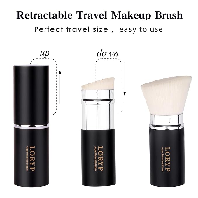 LORYP Retractable Makeup Brush Matte Black Kabuki Foundation Brush for liquid Cream and Powder Makeup 2 Pack Travel Makeup Brush Set-FemmiqueWomen