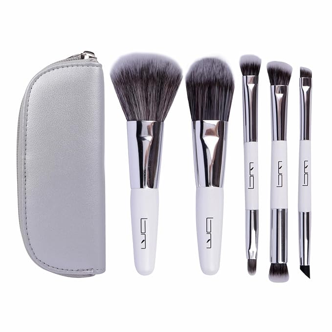 Travel Makeup Brushes Set w/Pouch, 5PCS Double Ended Portable Mini Cosmetic Brushes Kit for Foundation, Eyeshadow, Lip, Blush Make Up Brushes Professional(White)-FemmiqueWomen