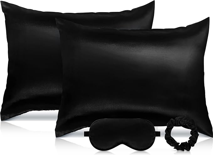 2 Pack Satin Pillowcase with Latent Zipper, Adjustable Satin Eye Mask for Sleeping and Satin Volume Scrunchie for Hair and Skin, Standard Size (Classic Style, Black)-FemmiqueWomen