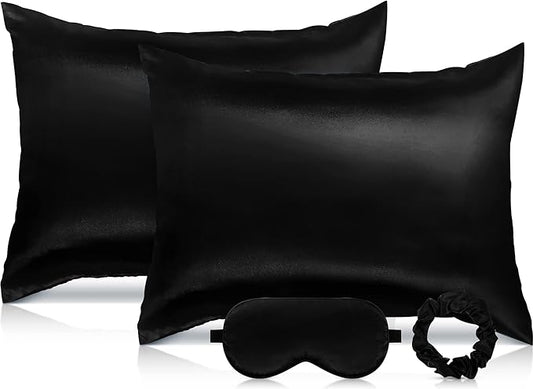 2 Pack Satin Pillowcase with Latent Zipper, Adjustable Satin Eye Mask for Sleeping and Satin Volume Scrunchie for Hair and Skin, Standard Size (Classic Style, Black)-FemmiqueWomen