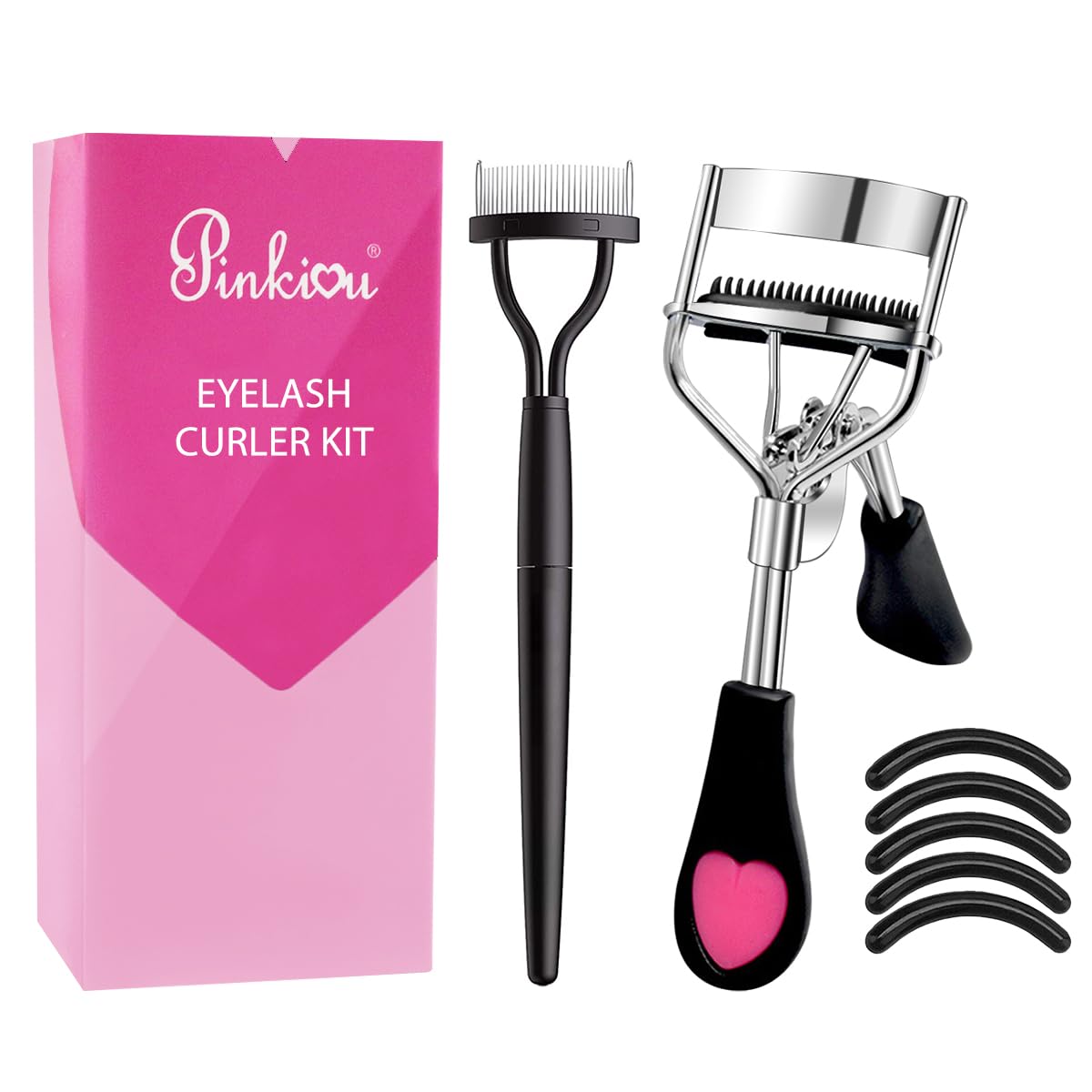 Pinkiou Eyelash Curlers with Comb and Eyelash Separator Set Professional Lash Curler with Built-in Comb Ergonomic Heart-Shaped Handle and Eyelash Comb Tool for Daily Makeup-FemmiqueWomen