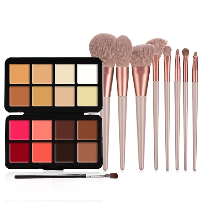 16 Color Cream Makeup Palette, Blush Concealer Highlighter Contour Palette, Multi-functional Makeup Palette with 8 Brushes, Face Make Up Gift for Women Girls-FemmiqueWomen