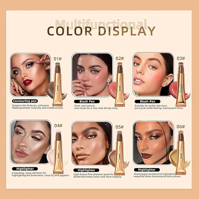 3 Pcs Liquid Contour Beauty Wand Set, Contour & Blush & Highlighter Stick with Cushion Applicator， Attached Easy to Blend, Long Lasting & Smooth Natural Matte Finish (01#03#04)-FemmiqueWomen