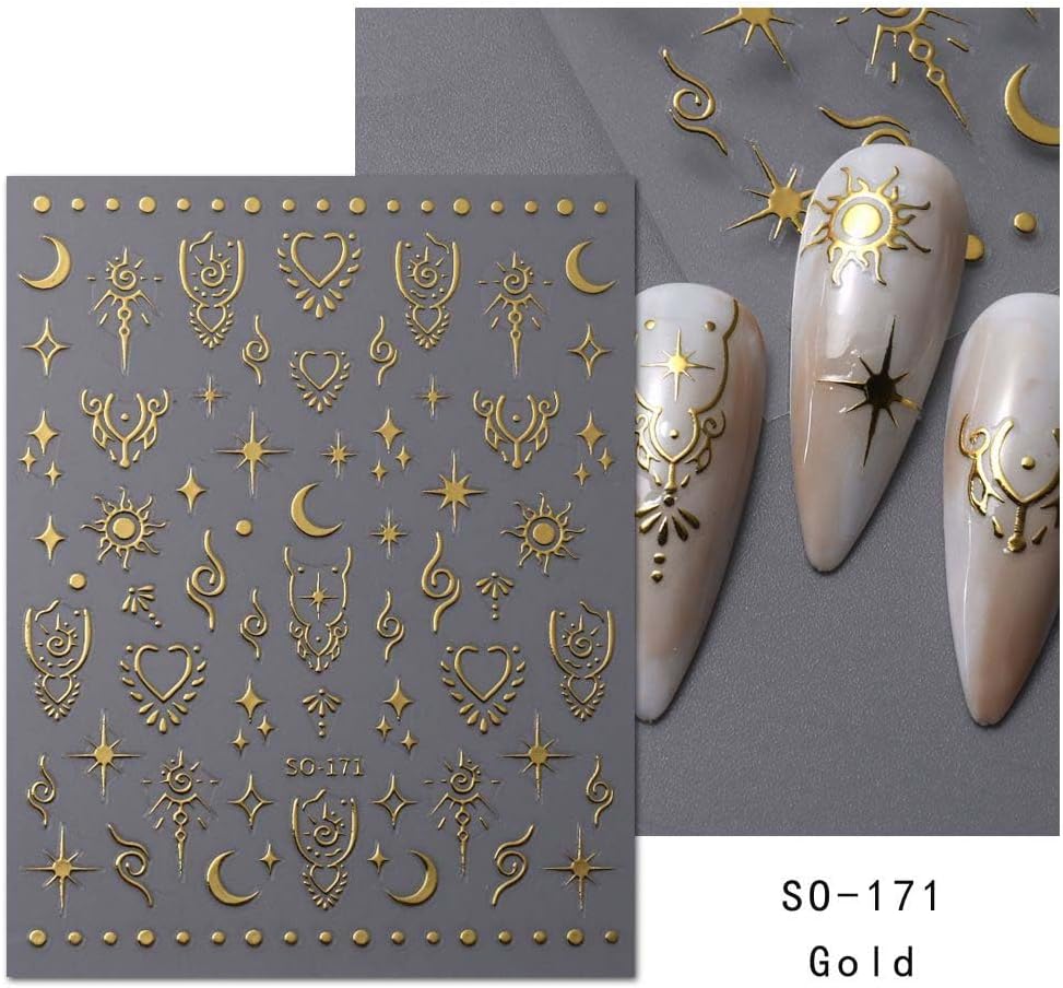 12 Sheets Metallic Nail Art Stickers - Sun Star, Moon Rose & More - 3D Self-Adhesive, Shiny Laser Gold & Silver - Holographic, Glitter for Women's Nail Manicure Decorations-FemmiqueWomen