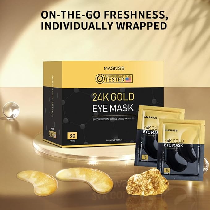 24k Gold Under Eye Patches (30 Pairs), eye mask, Collagen Skin Care Products, Eye Patches for Puffy Eyes, eye masks for dark circles and puffiness-FemmiqueWomen