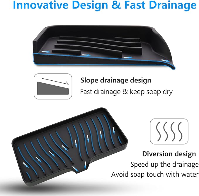 3-Pack Silicone Soap Dish, Sponge Holder for Sink, Kitchen Soap Tray, Bathroom Soap Holder, Sponge Tray with Drain (Black)-FemmiqueWomen