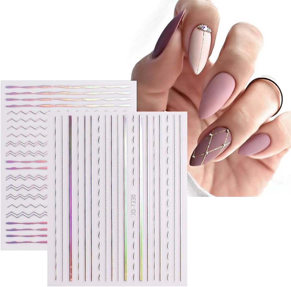 12 Sheets French Line Nail Art Stickers Aurora Star Heart Nail Decals Self-Adhesive Pegatinas Uñas Glitter Holographic Laser Silver Nail Supplies for Women Nail Art Design Decoration-FemmiqueWomen