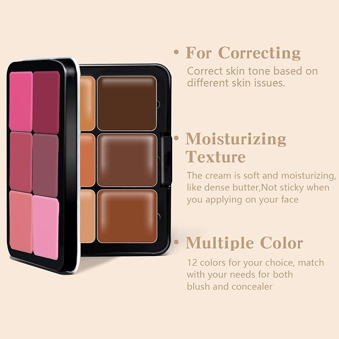 12 Colors Color Correcting Concealer Foundation Palette, Cream Blush and Concealer Palette, Long Wearing Smudge Proof Blendable Matte Finish Blush Powder Highlighter Cream Contour Palette Makeup (02)-FemmiqueWomen