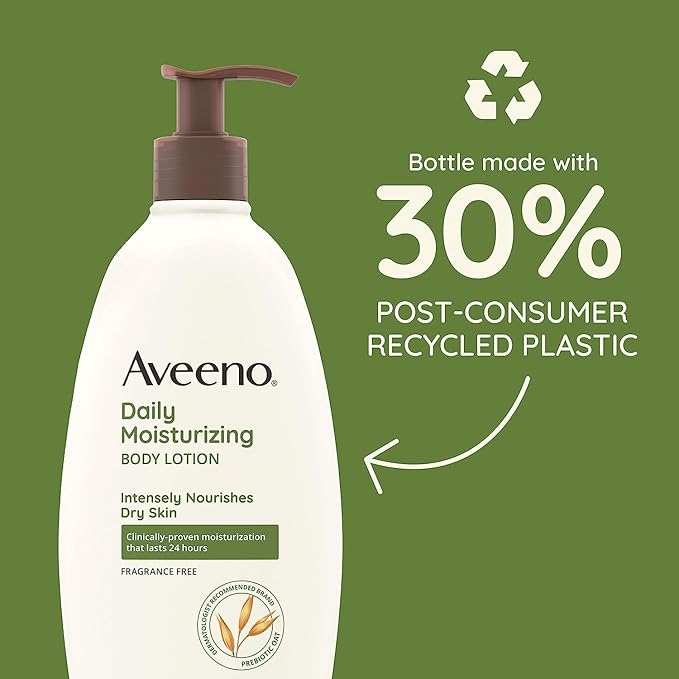 Aveeno Daily Moisturizing Body Lotion for Dry Skin with Prebiotic Oat, Fragrance & Paraben Free, Non-Greasy, Non-Comedogenic, for Sensitive Skin & 72-Hour Moisturizer 18 Fl Oz-FemmiqueWomen