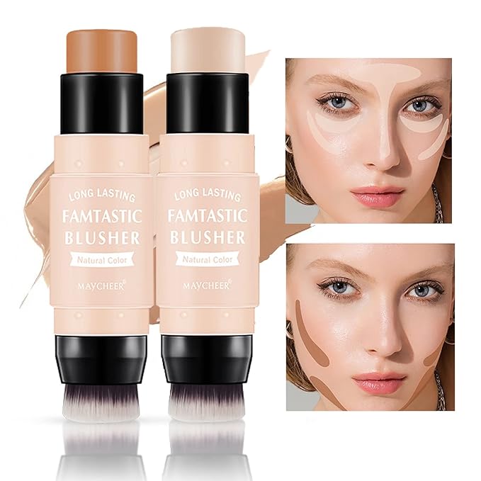 3 Pcs Contour Highlighter Blush Sticks with Brush, Shades with Highlighter & Bronzer Pen & Cream Blush, Waterproof, Longwear Makeup-FemmiqueWomen