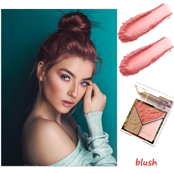 3-in-1 Highlighter Makeup Palette – Contour, Blush & Glow Kit with Matte & Shimmer Finish – Silky Pressed Powder for Face, Cheekbones, Eyes – Long-Lasting, Waterproof, Cool Toned, Travel-Friendly-FemmiqueWomen