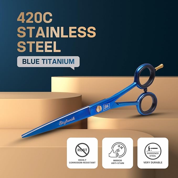 Hair Cutting Scissors-Professional Hairdressing Scissors for Women,Men,Hair Stylists,Salon,Barber- 6.5-Inch Stainless Steel Hair Scissors with Finger Rest (Classic Scissor Blue Titanium)