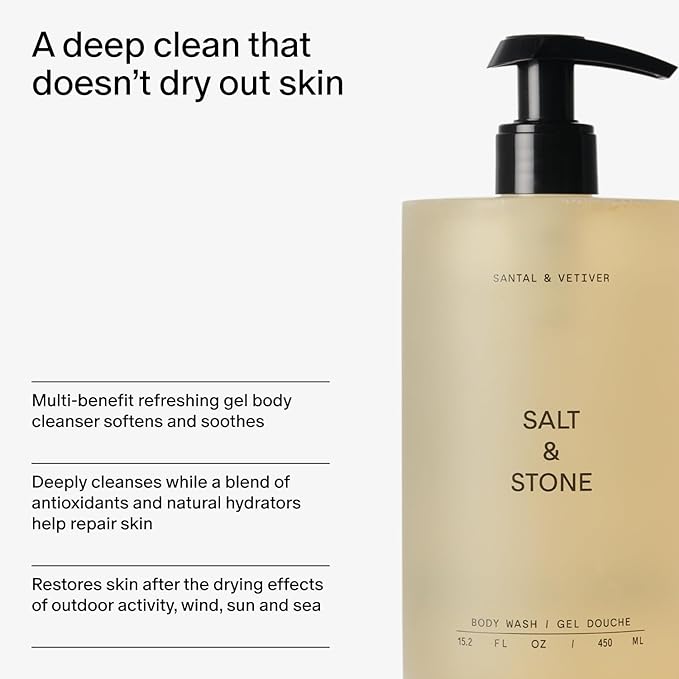 Salt & Stone Body Wash with Antioxidants for Deep Moisture | For Women & Men, Sulfate, Paraben, & Dye Free, Leaving Skin Soft and Hydrated | Santal & Vetiver 32 fl oz-FemmiqueWomen