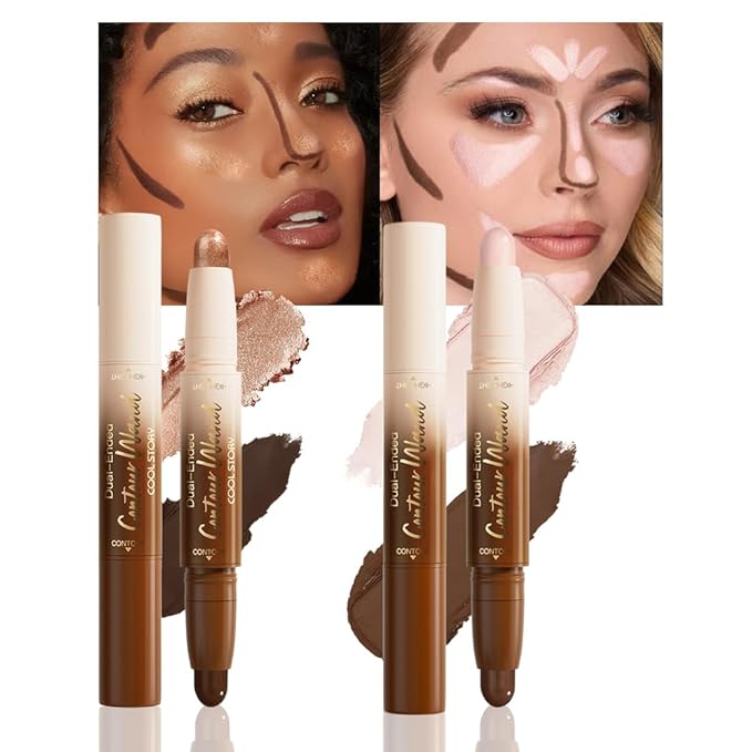 2Pcs 2in1 Cream Contour Highlighter Stick, Dual-Ended Highlighter Makeup Contour Stick, Contour Stick Dual Ended For Face Body Makeup,Long Lasting Waterproof for All Skin Tones (01+03)-FemmiqueWomen