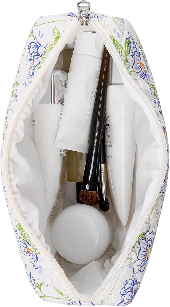 Makeup Bag Travel Cosmetic Bag for Women Girls, Zipper Make Up Pouch, Floral Flowers Toiletry Organizer Makeup, Portable Storage Bag, Cosmetic Travel Cloth Bag (L/Large Blue Flowers)-FemmiqueWomen