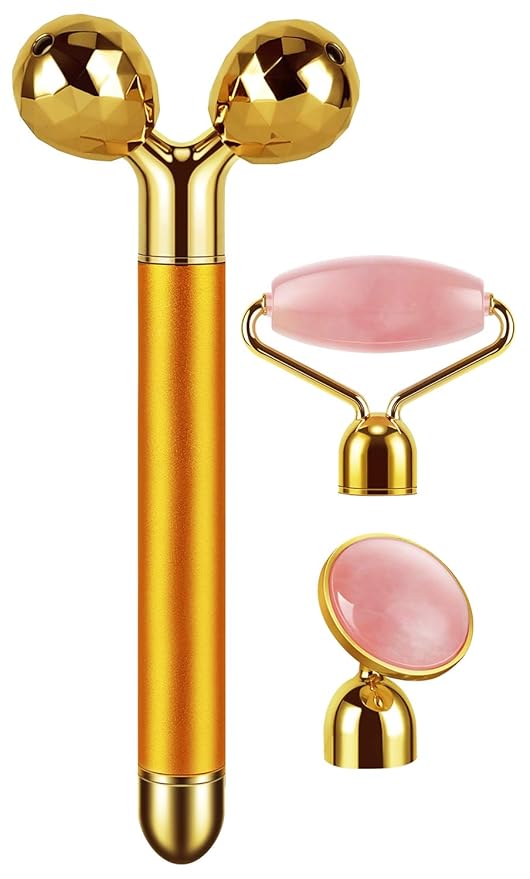 3-IN-1 Electric Jade Roller 3D Roller Facial Roller & Face Massager,Gold-FemmiqueWomen
