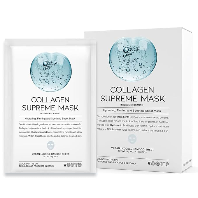 #OOTD Collagen Hydrating Sheet Masks for Face Korean Anti Aging Mask Sheet for Dry Skin & Sensitive Skin, EVE Vegan, Not Tested on Animals, No Parabens, No Sulfates, Hyaluronic Acid, Witch Hazel 10EA-FemmiqueWomen