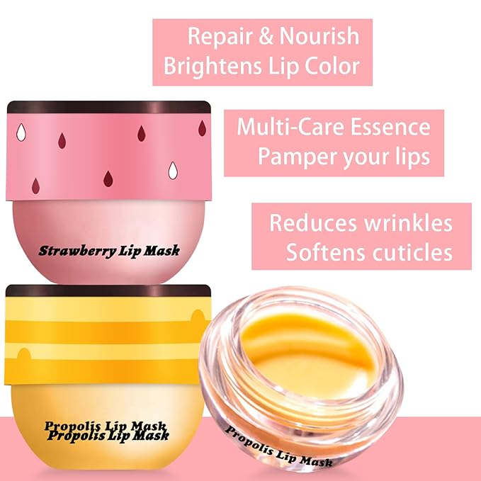 3 Pcs Bee Lip Balm Honey Pot, Honey Strawberry Apple Lip Mask Overnight, Moisturizing Lip Sleeping Mask, Hydrate Repair Prevent Dry Cracked Lip Exfoliator Lip Care (Honey+Strawberry+Apple Lime)-FemmiqueWomen
